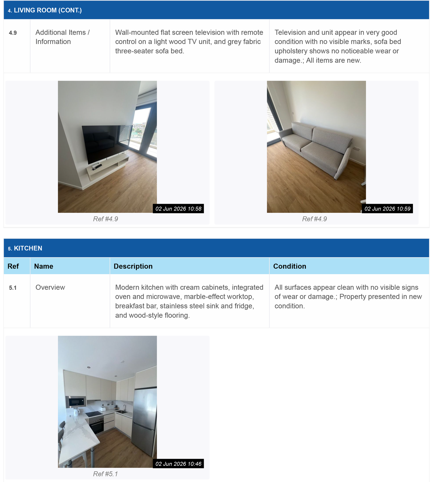 Sample Checkit report page showing living room and kitchen descriptions with timestamped photographs