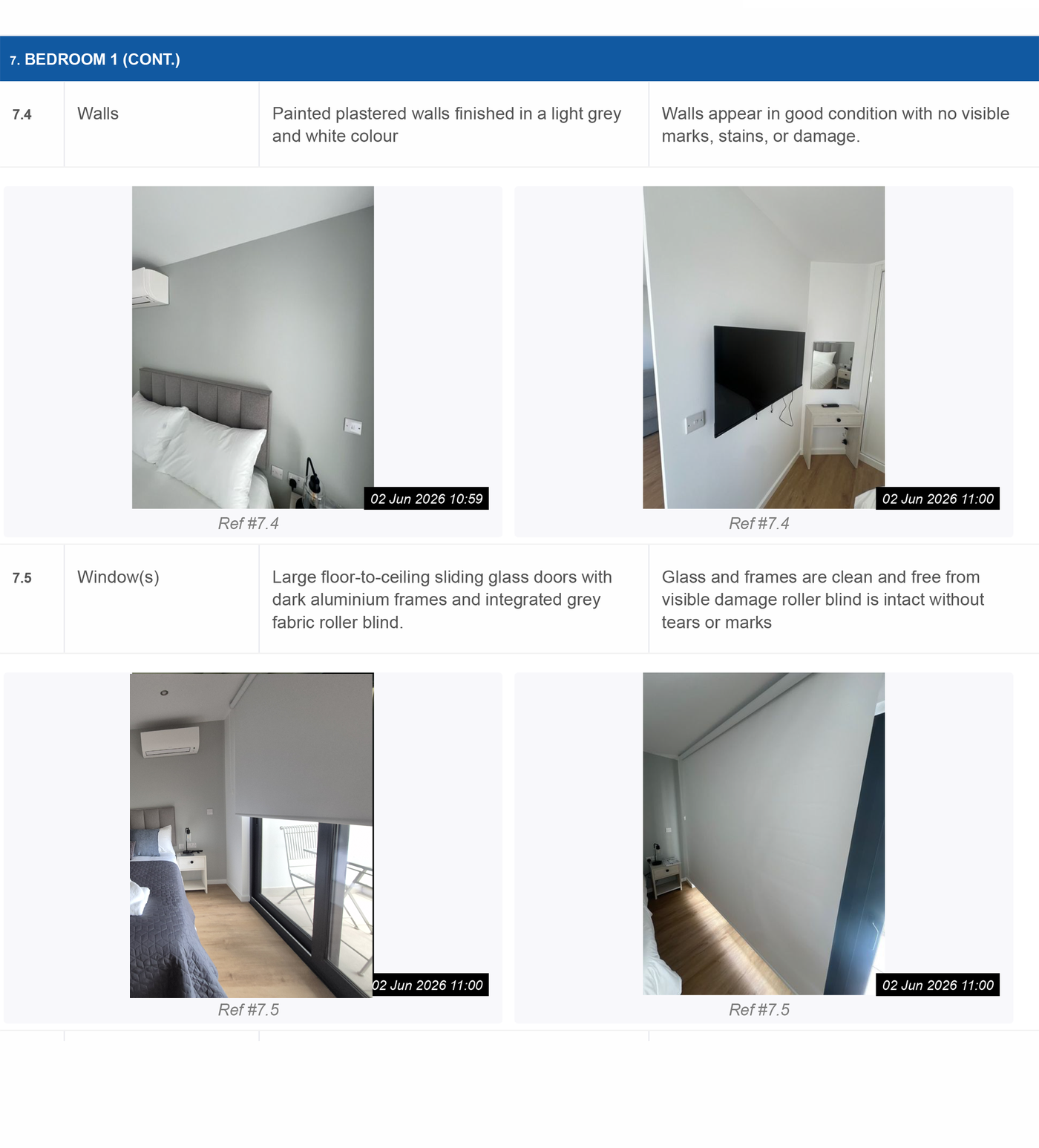 Sample Checkit report page showing bedroom wall and window descriptions with timestamped photographs