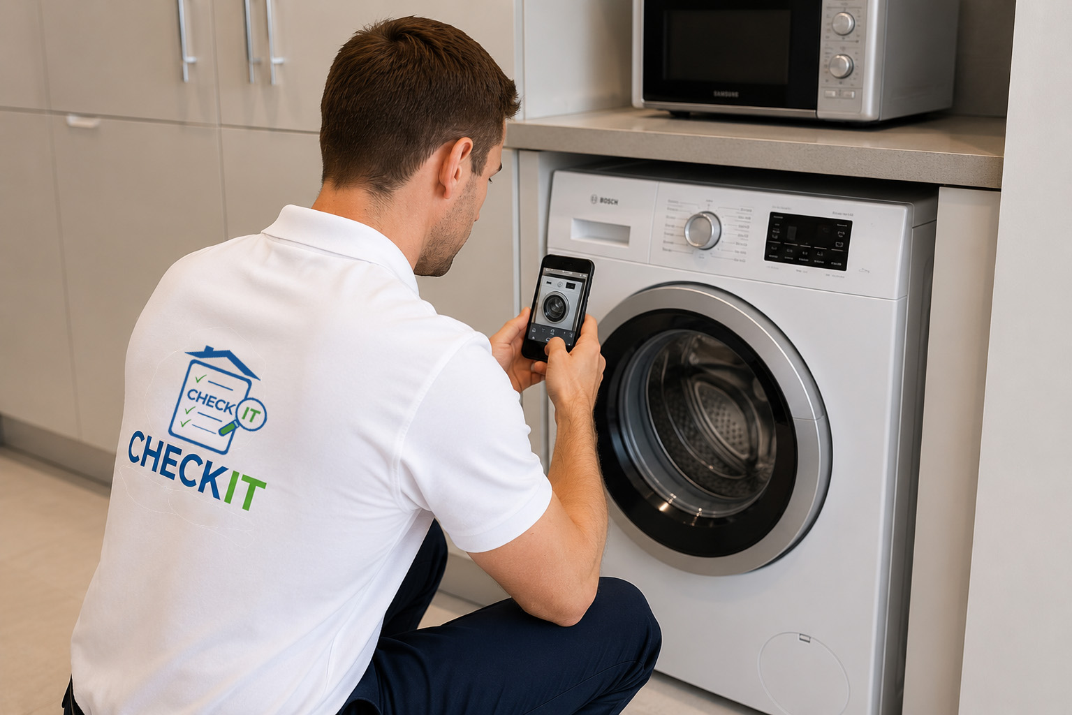 Checkit inspector photographing appliance condition during a property inventory